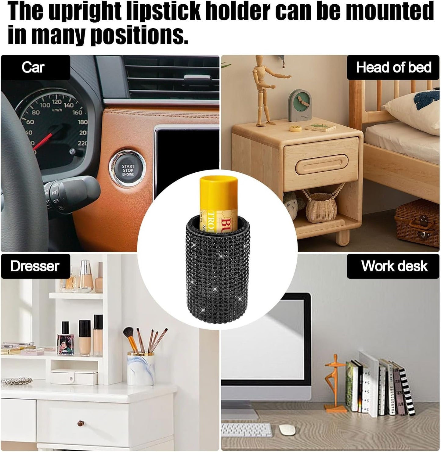 xbrtaia 1 Pack Upright Car Chapstick Holder, Bling Insulating Lip Balm Holder,Rhinestone Car Accessories for Women Interior,Suitable for Most Vehicles.(Black)