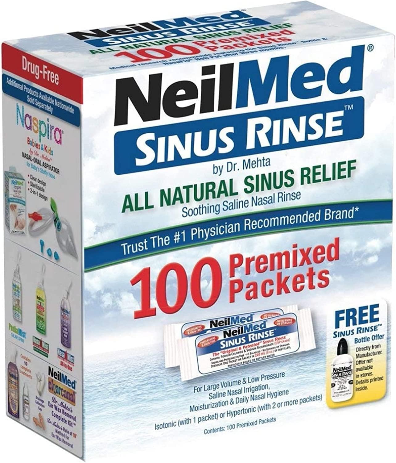 NeilMed Sinus Rinse 100 Premixed Packets – All Natural Nasal Irrigation for Sinus Relief, Moisturization, and Daily Hygiene – Drug-Free, Preservative-Free (Pack of 2)