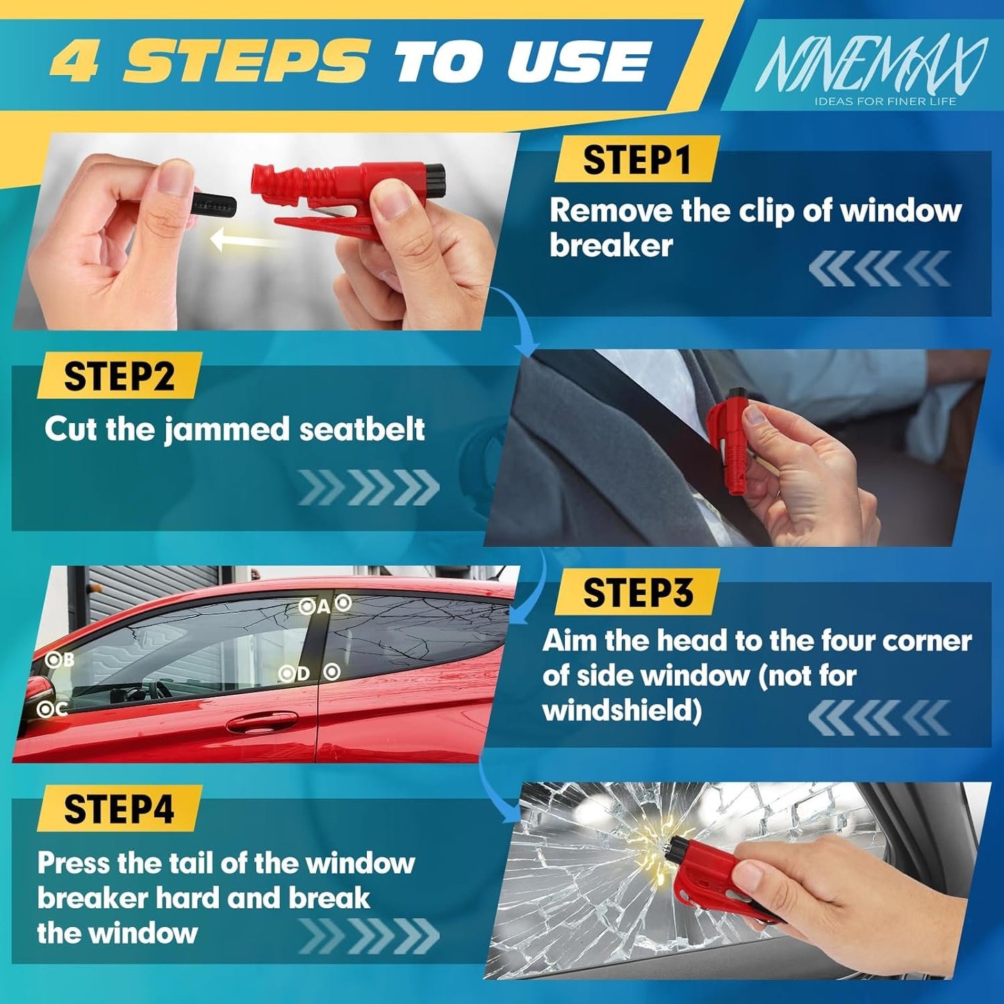 NINEMAX Car Window Breaker Seatbelt Cutter, Pack of 8 Glass Breaker Keychain, 3 in 1 Car Escape Tool Safety Emergency Hammer Window Punch Tool Underwater Rescue