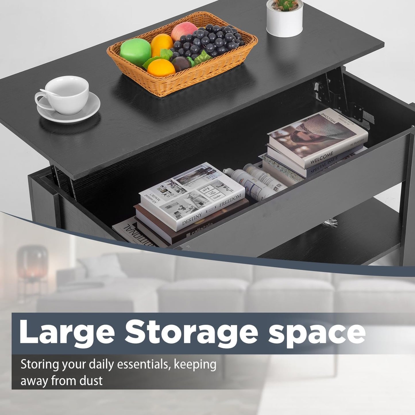 Table Wooden Lift Tabletop Dining Table Coffee Table with Hidden Compartment Storage Shelf Lift Top Coffee Table for Living Room Home- Black