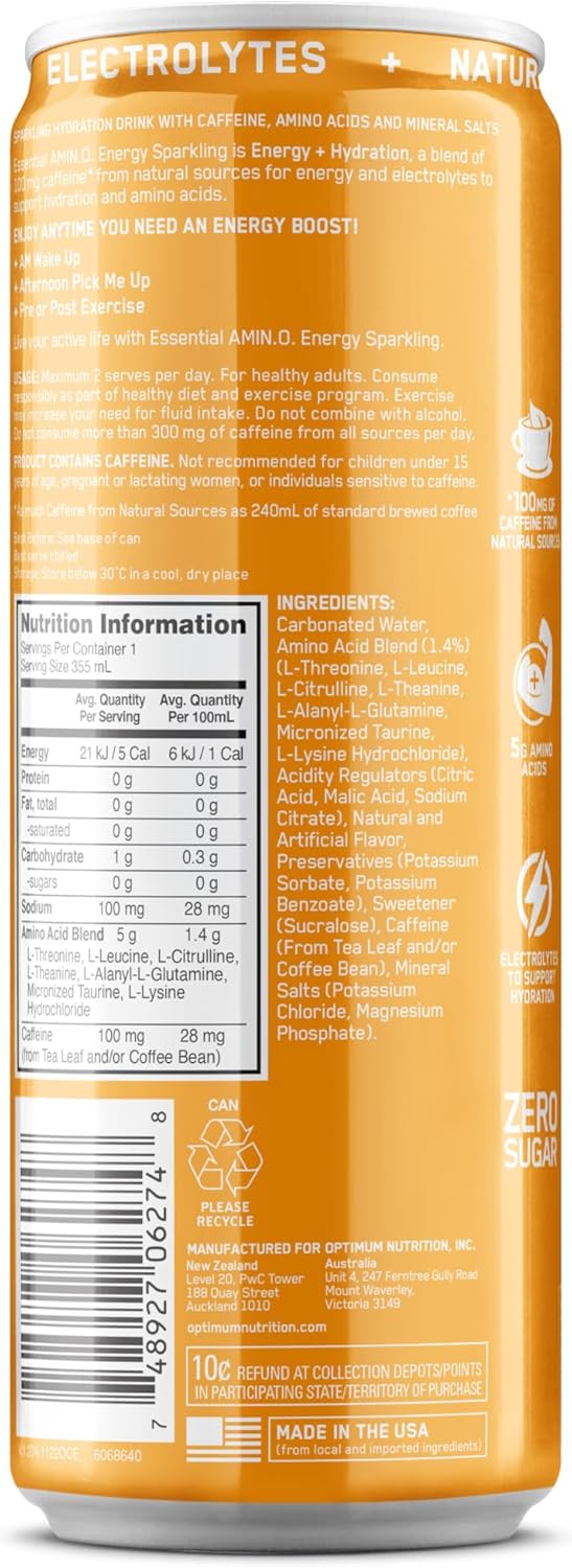 OPTIMUM NUTRITION Amino Energy + Electrolytes Sparkling Hydration Drink, Mango Pinelime Flavour, 355ml, 12 Pack