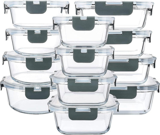 24pc Glass Food Storage Containers with Lids - 12 Pack Glass Meal Prep Containers with Lids, Airtight Glass Food Storage, BPA Free & Leak Proof, Reusable Freezer Safe Lunch Box