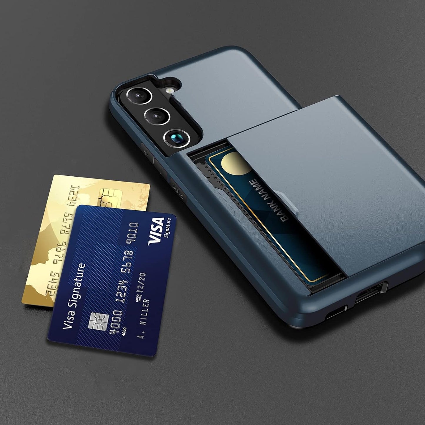 Asuwish Phone Case for Samsung Galaxy S22 5G with Tempered Glass Screen Protector and Credit Card Holder Wallet Cover Hard Hybrid Cell Accessories Gaxaly S 22 22S G5 Women Men Mobile Slot NavyBlue