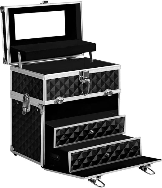 Embellir Makeup Case, Aluminium Beauty Cases Suitcase Make Up Large Organisers Storage Portable Toiletry Cosmetic Box Travel Indoor Outdoor Accessories, with 2 Sliding Trays Level Section Black