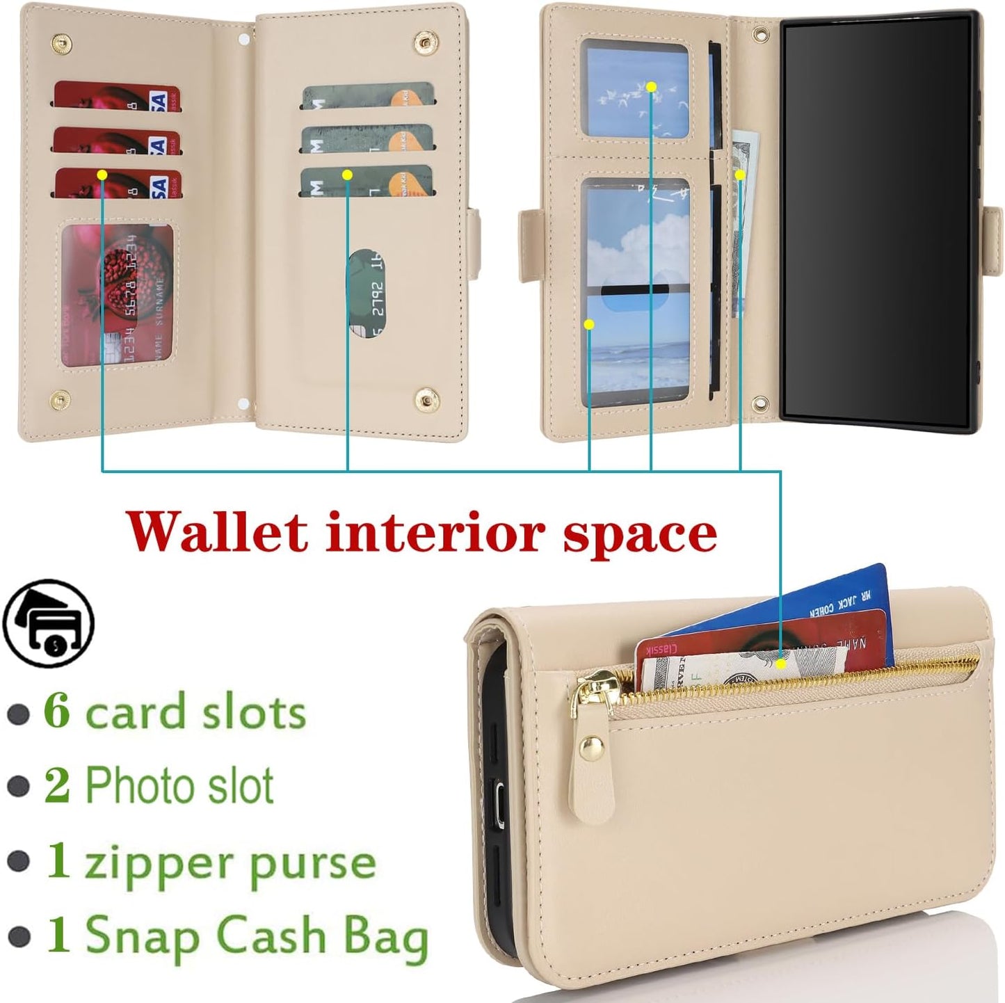 SunYoo for Samsung Galaxy S23 Ultra Wallet Case for Women,for Galaxy S23Ultra Case with Strap Crossbody Lanyard,Leather Shockproof Card Holder Stand Zipper Pocket Flip Phone Case Cream