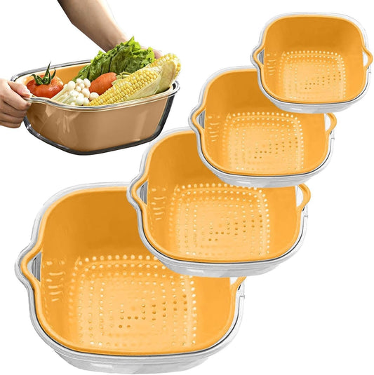 2 Tier Food Washing Colander, Fruit and Veggie Washer Colander, Multifunctional Kitchen Strainer Tool, Thickened Food Prep Salad Washing Tool for Kitchen (Beige, Yellow, Green)