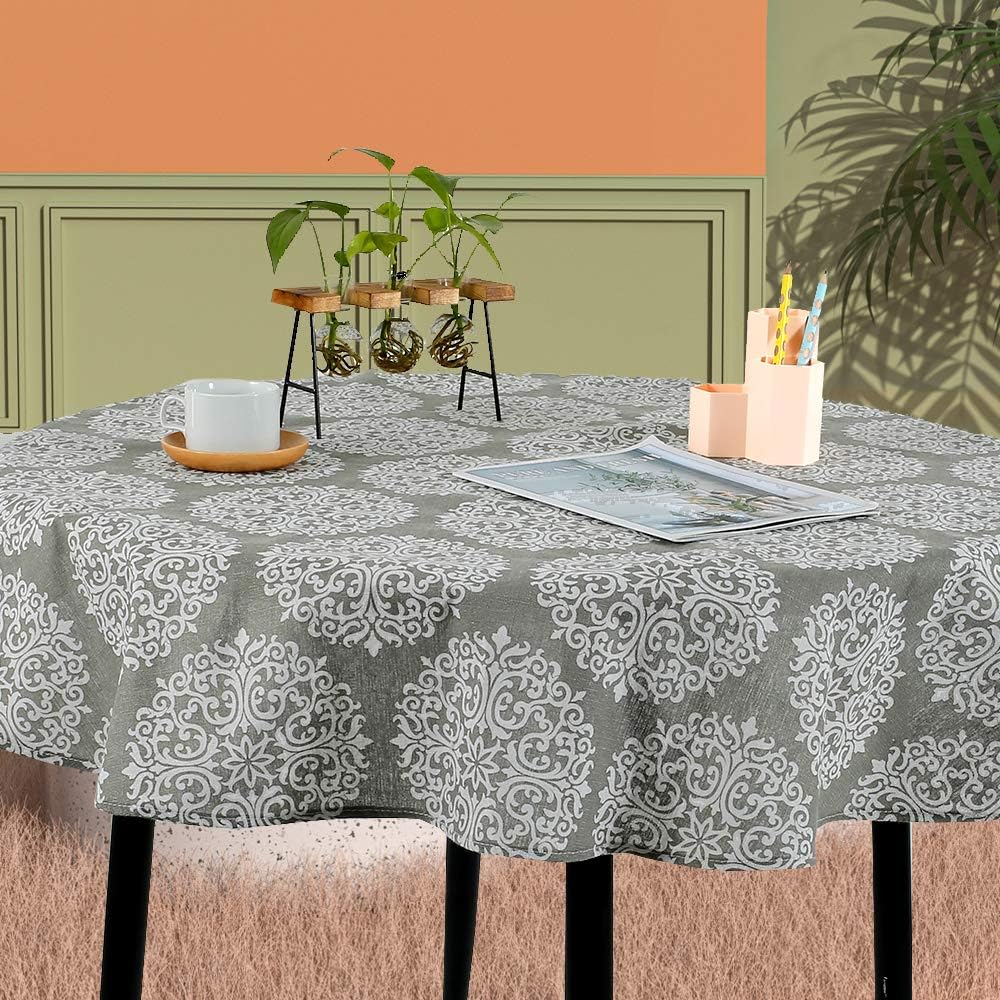 Round Tablecloth,47/59 in Cotton Linen Fabric Circular Table Cover in Nordic Style Wrinkle-proof Dust-Proof Shrink-Proof Table Cover for Kitchen Dining Farmhouse Tabletop Decoration(Grey-style 2,120cm