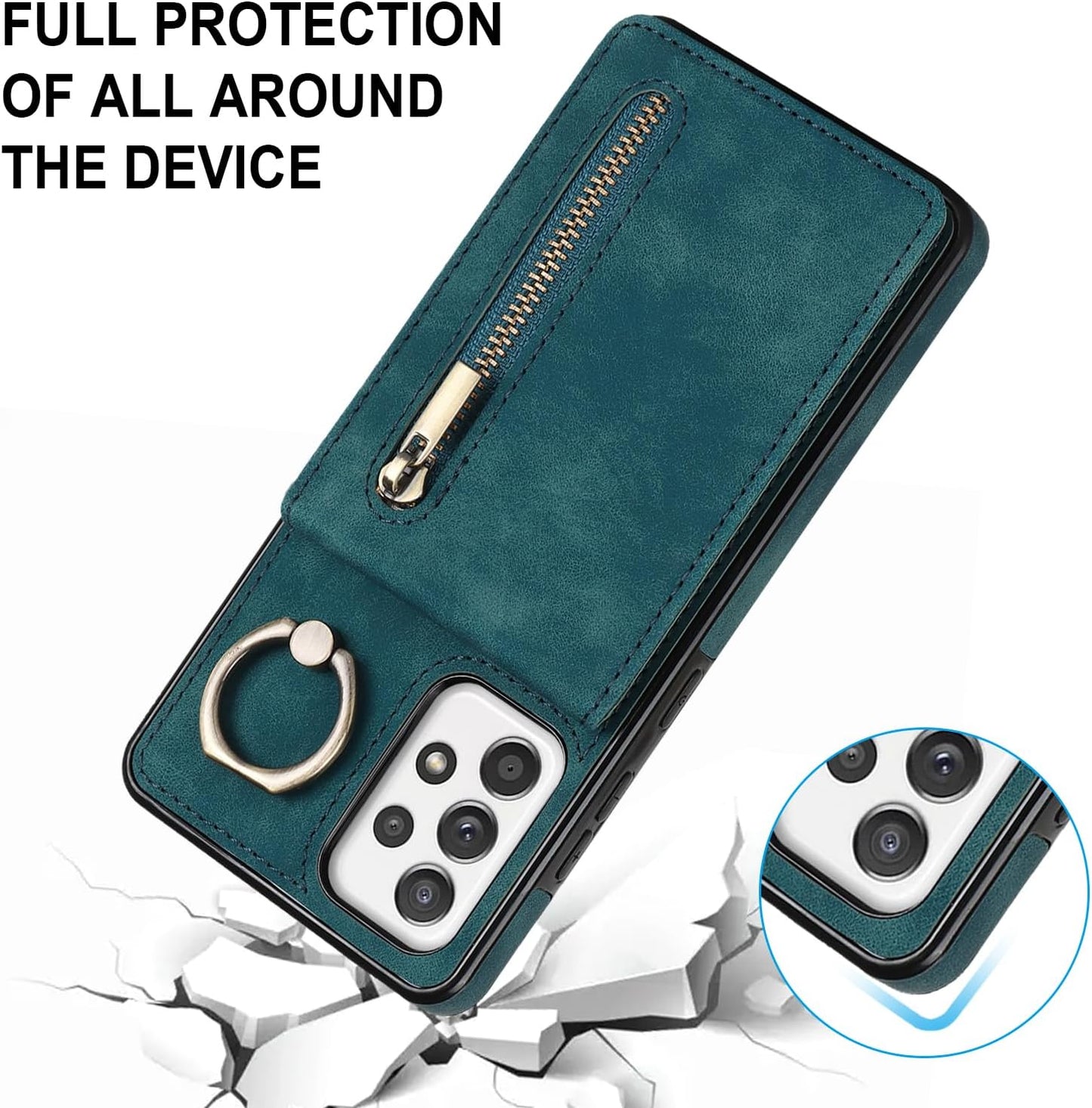 Asuwish Phone Case for Samsung Galaxy A52/A52S 5G Wallet Cover with Screen Protector and Cell Accessories Zipper RFID Card Holder Slot Ring Kickstand Flip A 52 S 4G G5 52A S52 52S SM Women Men Green