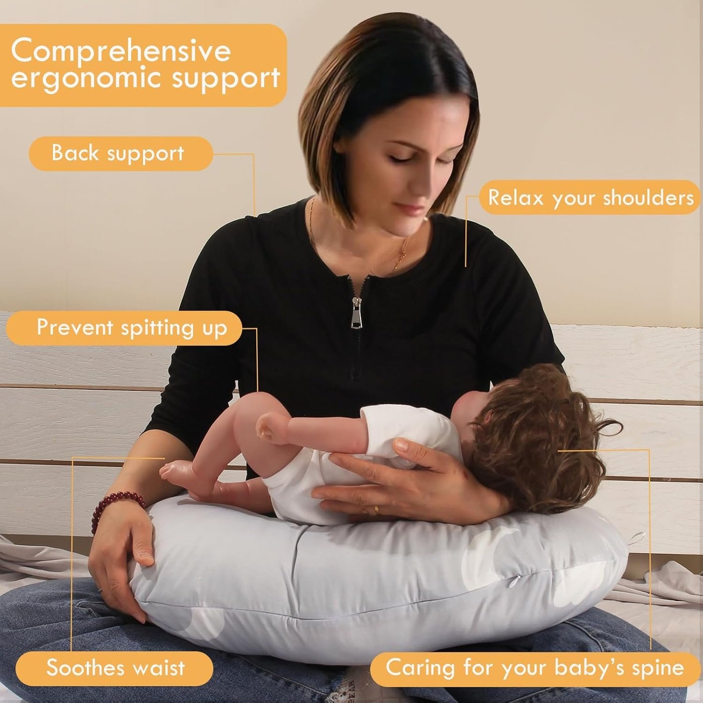 Nursing Pillow, Breast Feeding Pillows for Mom, Soft Cover with Breathable Filling, Ergonomic Breastfeeding, Bottle Feeding and Bonding, Multifunctional Support Cushion for Travel (Star)