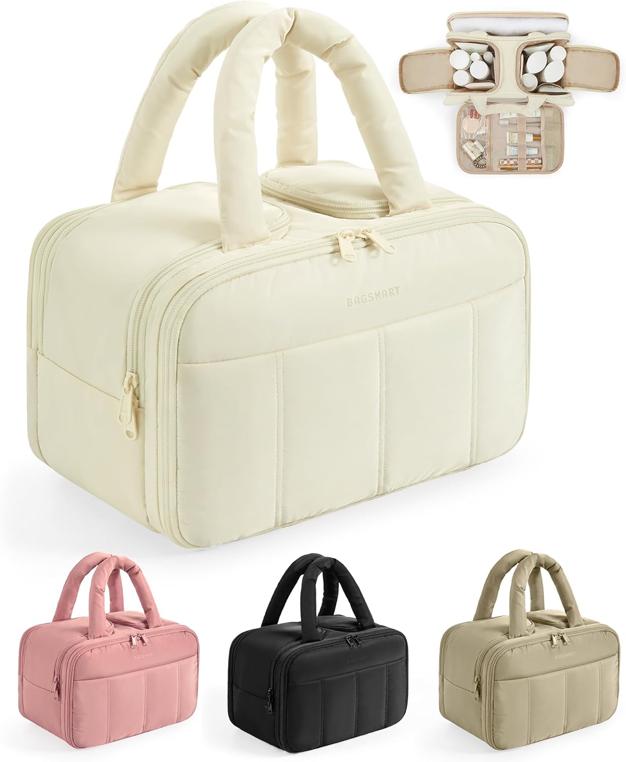 BAGSMART Travel Toiletry Bag, Puffy Large Toiletry Bag for Women, Lightweight Cosmetic Makeup Bag Organizer with Handle for Traveling, Accessories, Essentials, Toiletries (Beige