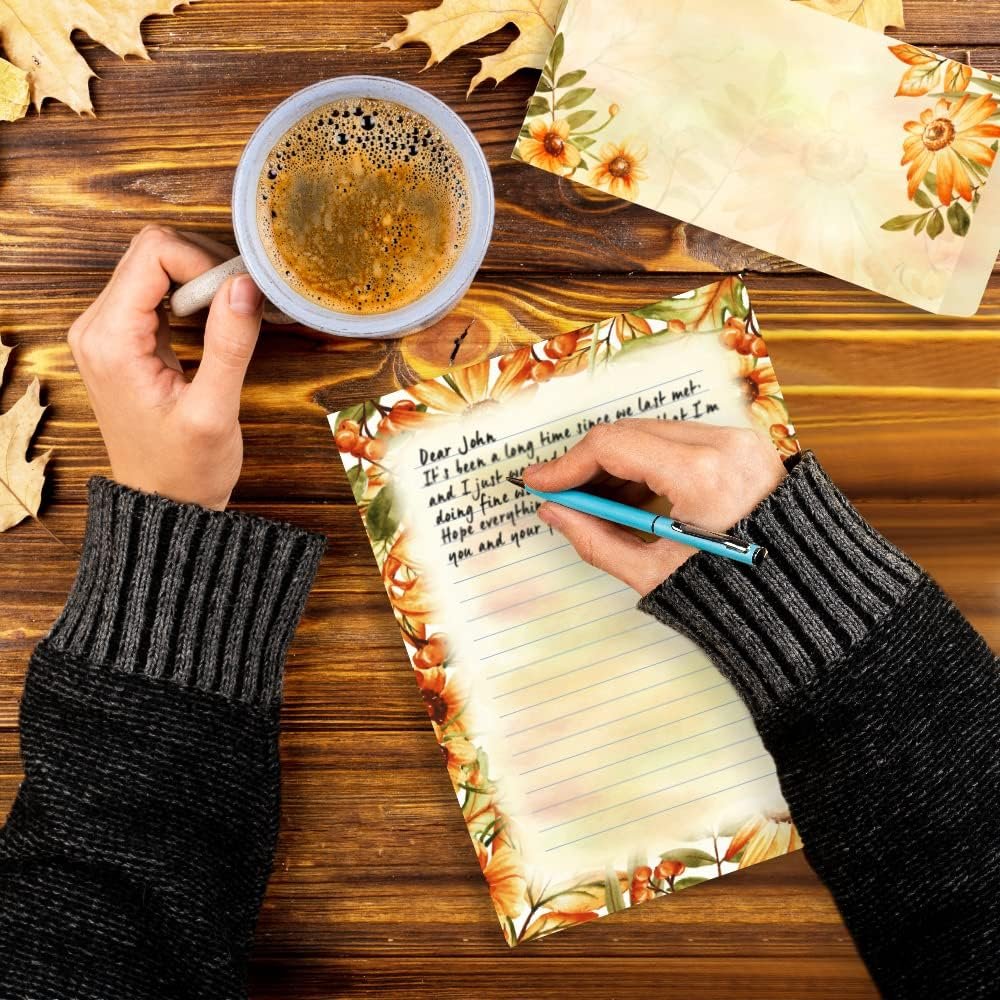 Stationary Writing Paper with Envelopes - Flora Stationery Set with Lined Letter Writing Paper, 48 Sheets + 24 Envelopes, 8.5 x 11 Inch of Each Stationary Paper