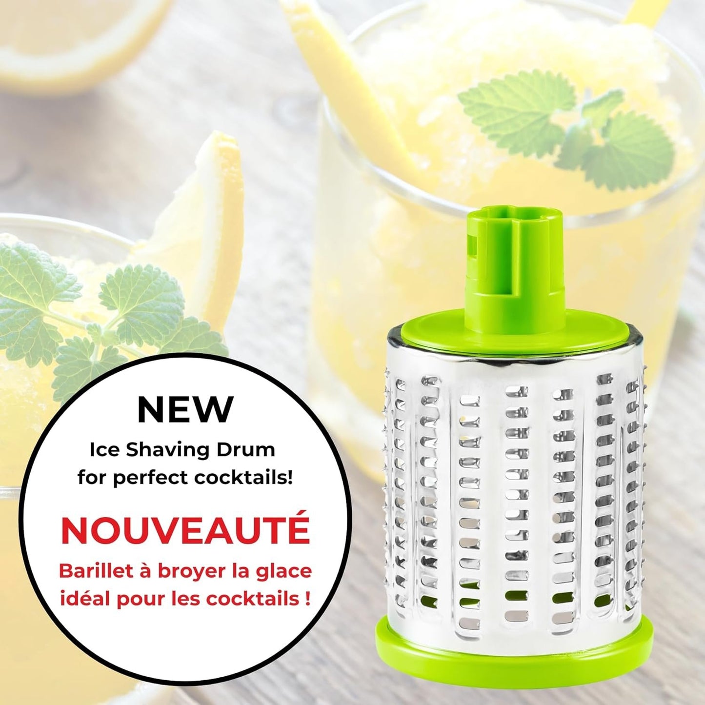 Starfrit Rotary Drum Grater - 4 Interchangeable Stainless Steel Drums - Slicing, Coarse and Fine Grating, Ice Shaving - Great for Vegetables, Cheese, Nuts, Chocolate