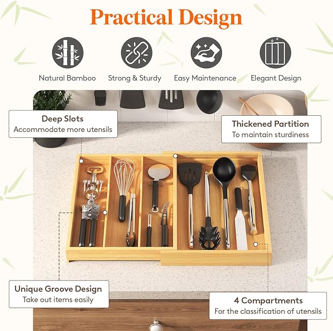 Lifewit Utensil Drawer Organizer, Expendable Cooking Silverware Tray for Kitchen Drawer, Bamboo Adjustable Cutlery Flatware Holder, Spatula Tools and Gadgets Storage Divider, 4 Compartments, Natural