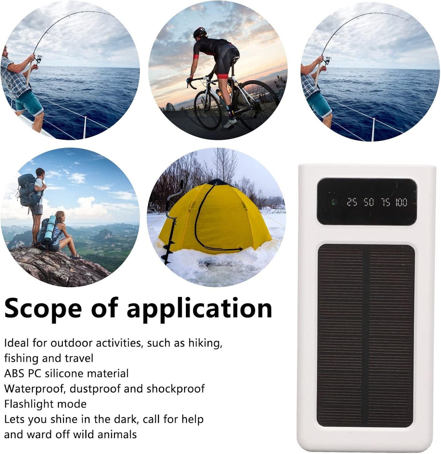 Solar Power Bank Portable 20000mAh Phone, Support Power Display 3 Output and 1 Input Cables and Flashlight, Portable Solar for Hiking Fishing and Traveling (White)