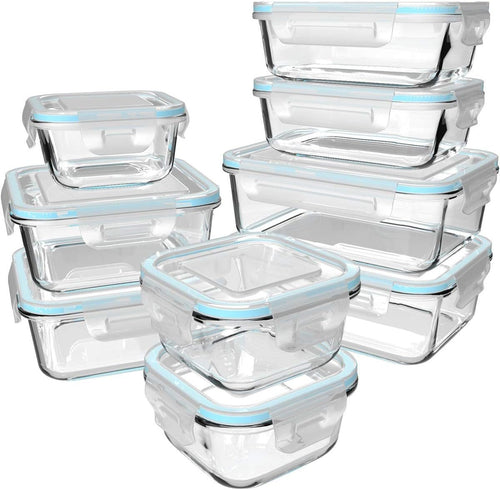 S SALIENT 18 Piece Glass Food Storage Set With Lids, Meal Prep Containers, BPA Free & Leak Proof (9 Lids & 9 Containers)