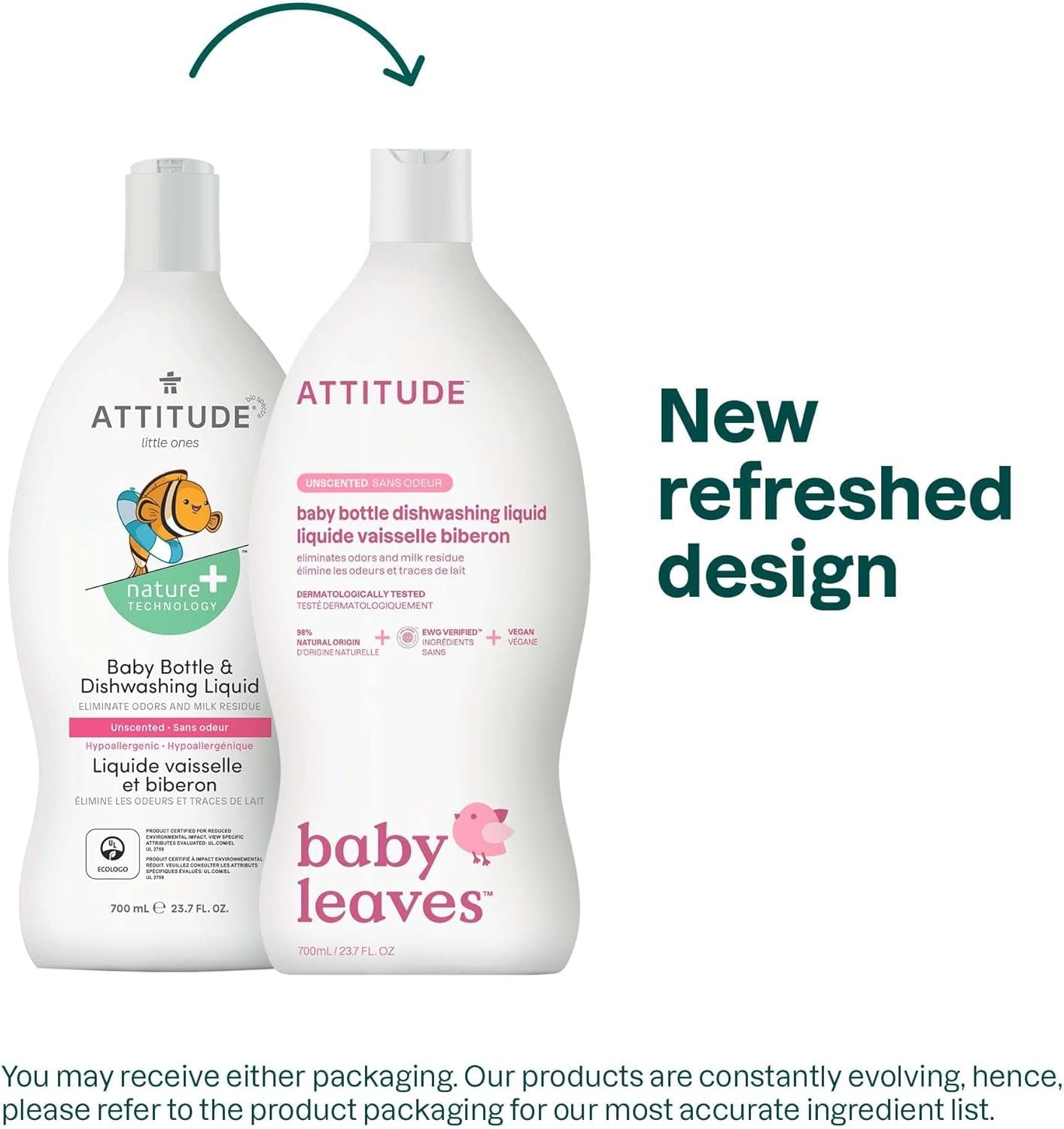 ATTITUDE Baby Dish Soap and Bottle Cleaner, Made in Canada, EWG Verified Dishwashing Liquid, No Added Dyes or Fragrances, Tough on Milk Residue and Grease, Vegan, Unscented, 700 mL
