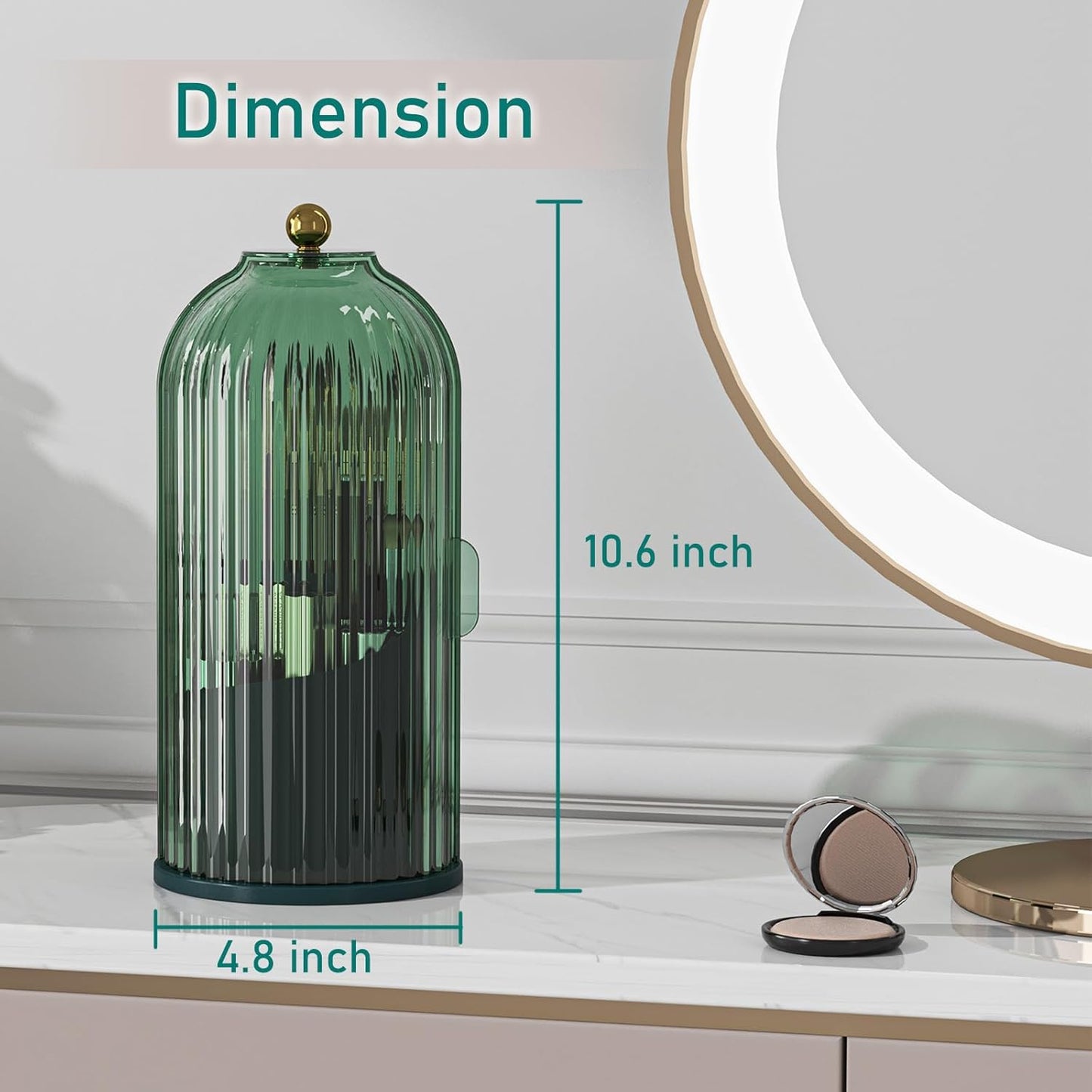 GAXmi Makeup Brush Holder with Lid Cosmetic Tools Organizer 360 Rotating Waterproof Dustproof Beauty Brushes Storage for Vanity, All Green