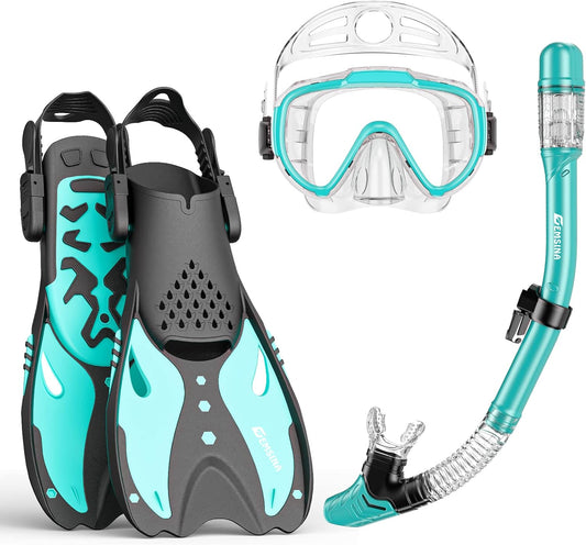 EMSINA Mask Fin Snorkel Set with Adult Snorkeling Gear, Panoramic View Diving Mask, Trek Fin, Dry Top Snorkel +Travel Bags, Snorkel for Lap Swimming