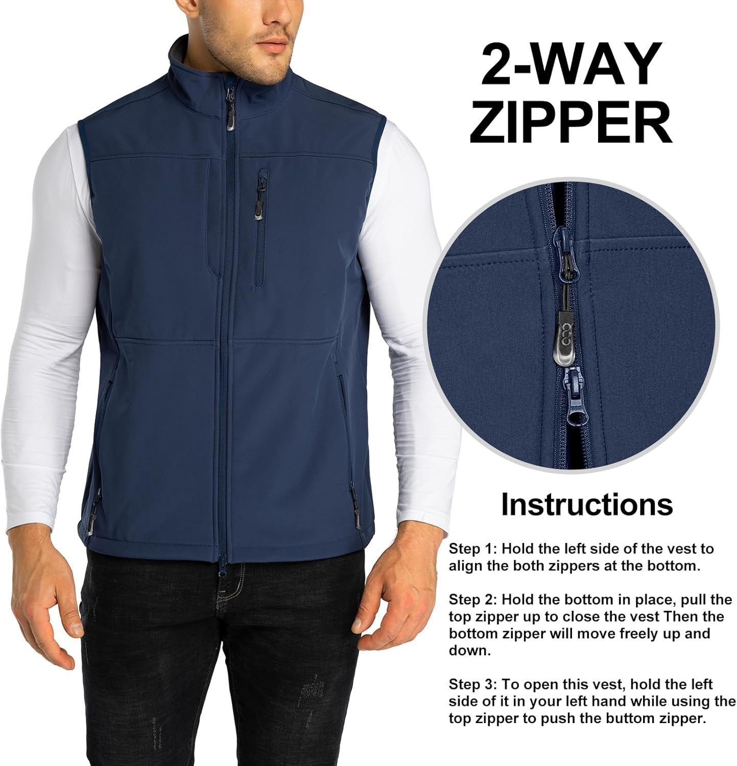 33,000ft Men's Lightweight Softshell Vest Fleece Lined Outerwear Gilet with 7 Pockets Zip Up Windproof Sleeveless Jacket Lightweight Outdoor Work Vest for Travel Golf Running Hiking