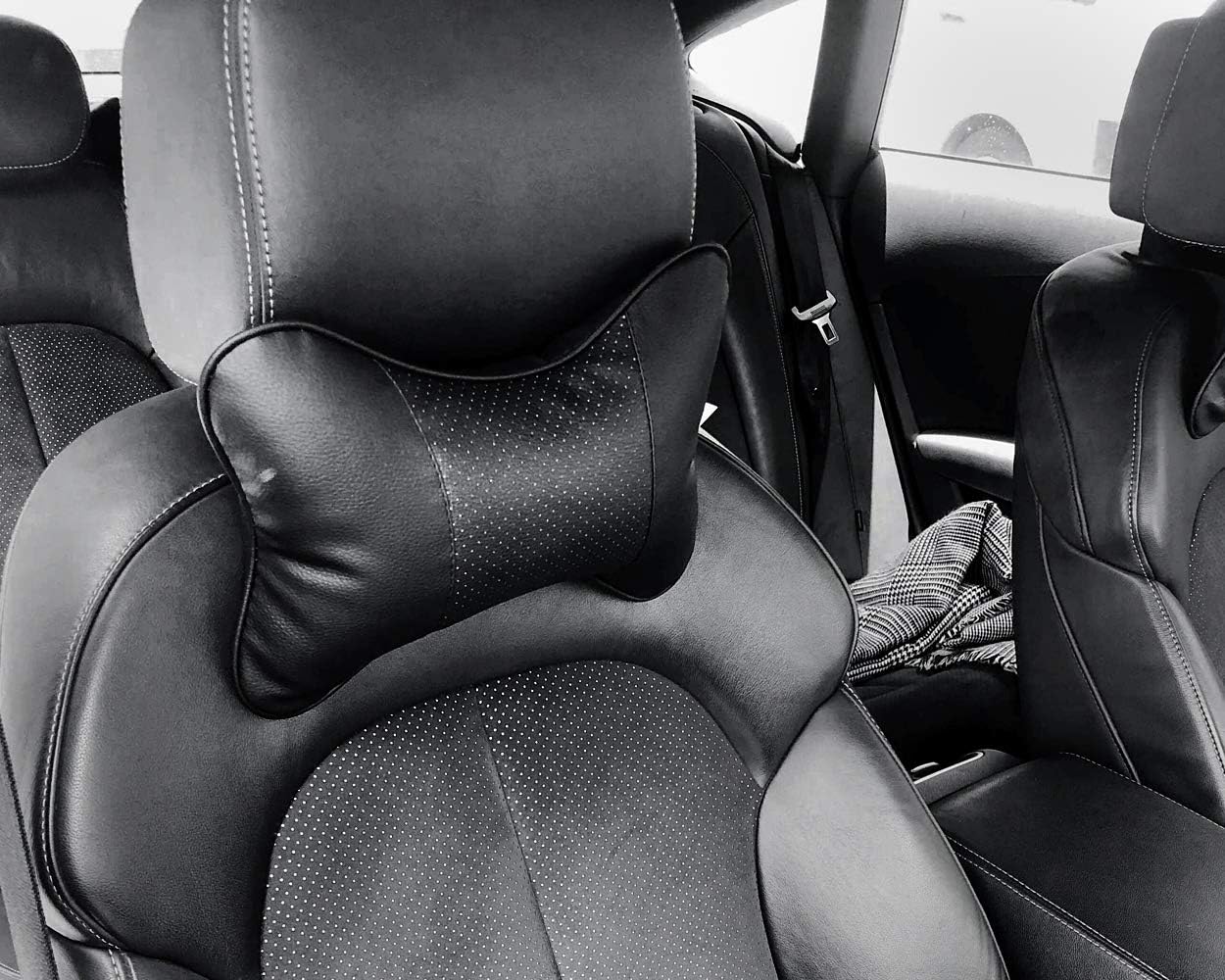 DS. DISTINCTIVE STYLE Car Neck Pillow 2 Pieces PU Leather Travel Pillow for Head Rest Neck Support for Car Seat (Black with Buckle)
