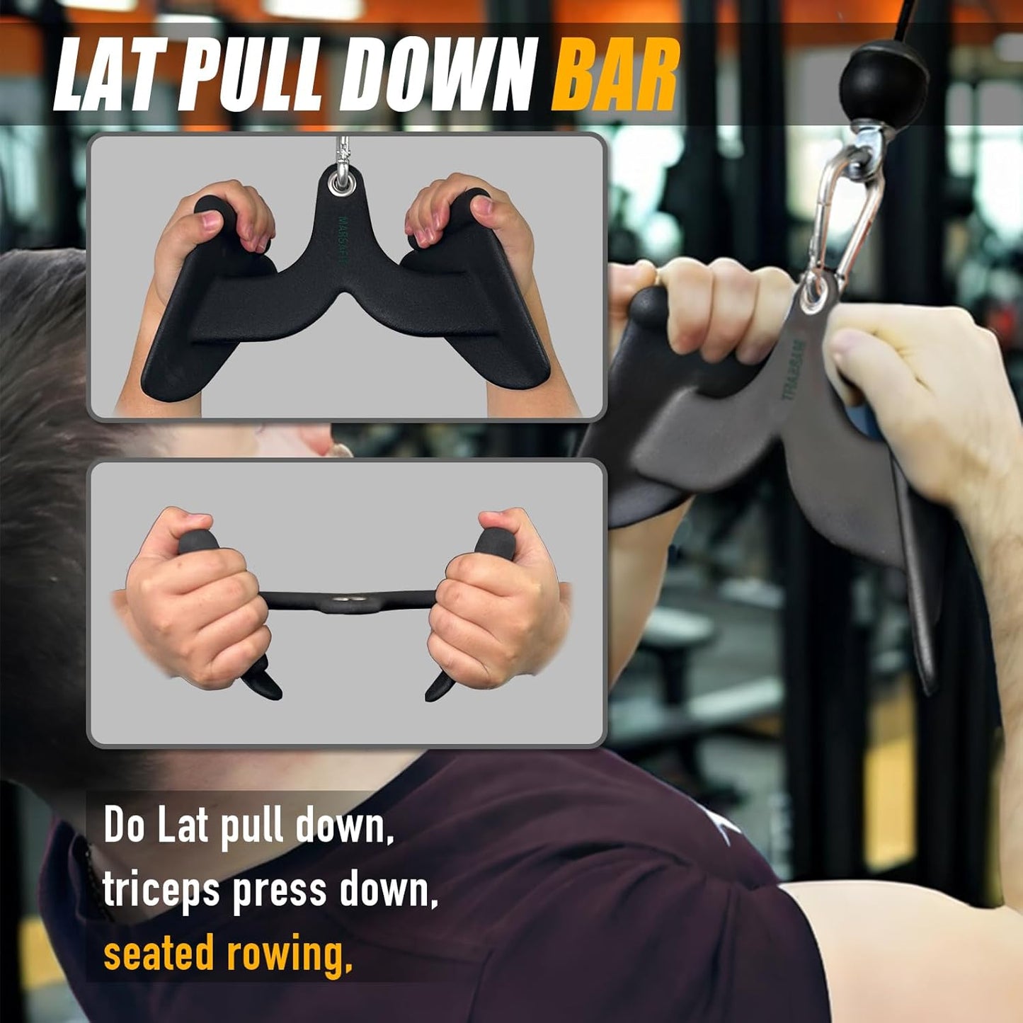 MARSAFIT Home Gym Fitness Rowing T-bar V-bar Pulley Cable Machine Attachments, Bicep Curl Tricep Lat pulldown Bar Back Strength Training Handle Grips Lat Pull Down Bar Press Down Exercises