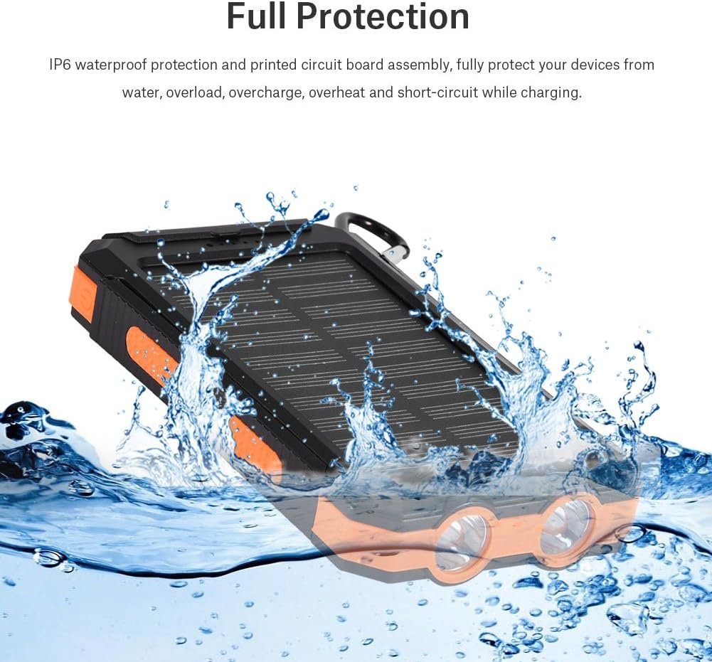 Solar Power Bank, Plastic + Silicone Material Long Use Time Charger Power Bank Great Workmanship with Compass for Travel for Outdoor Fast Charge for Sport(Black+Orange)