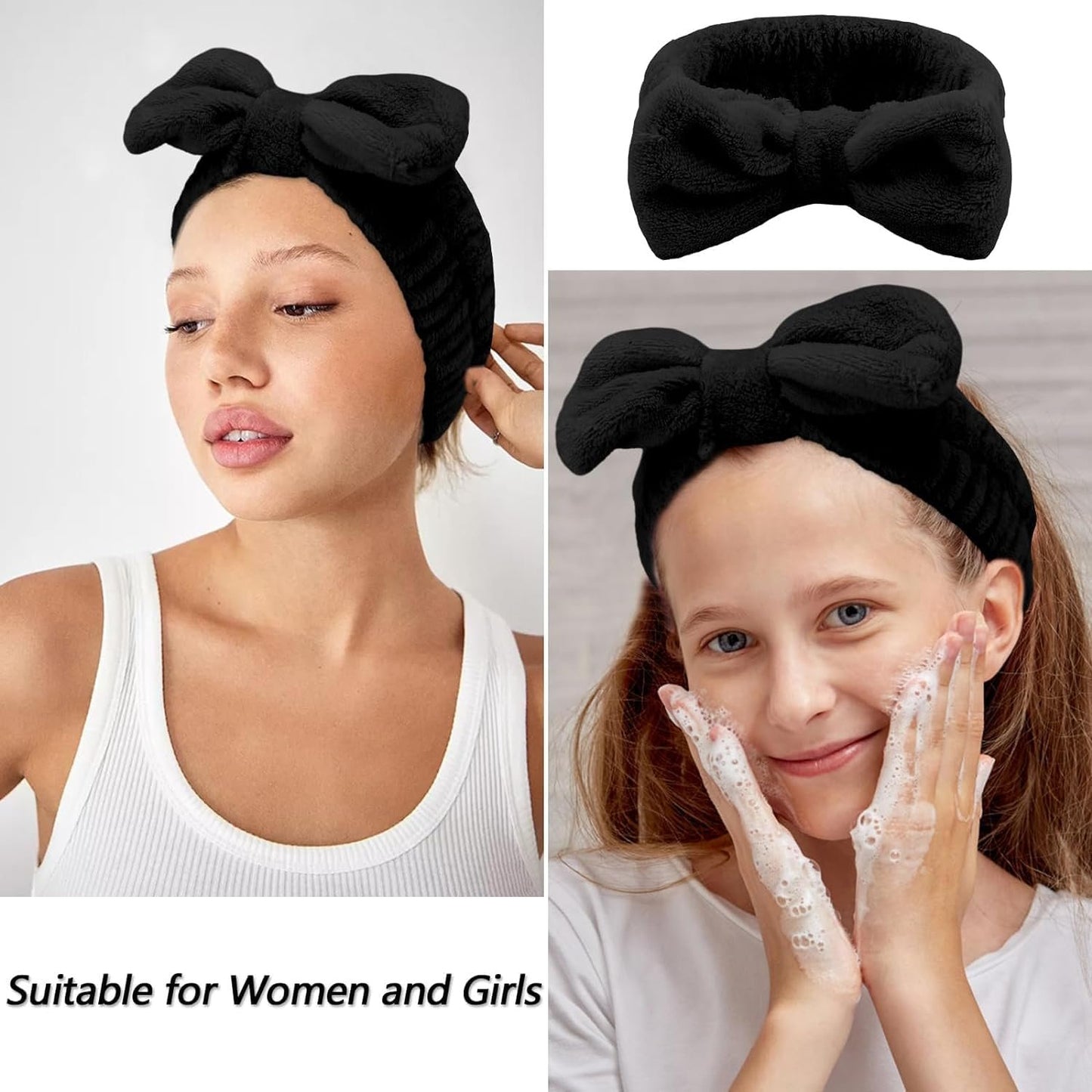 Spa Headbands for Washing Face, 4Pcs Headband for Women Makeup, Skincare Headbands Remover Spa Headband Bow Tie Headband Wristband Set Hair Accessories(Black)