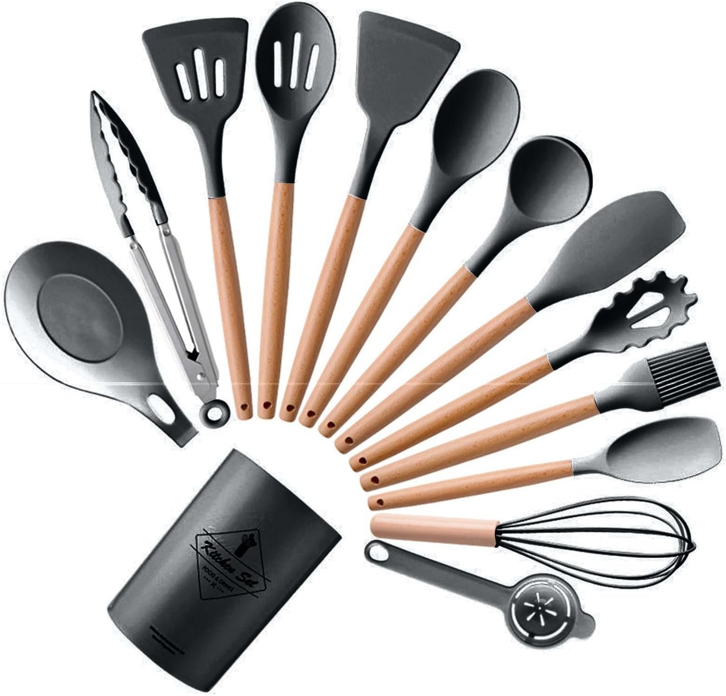 14 Pieces Kitchen Utensils Silicone Food Grade Cooking Tools Non-Stick Wooden Handles Kitchen Tongs Spoon Spatula Tool Wooden Handles Gadget