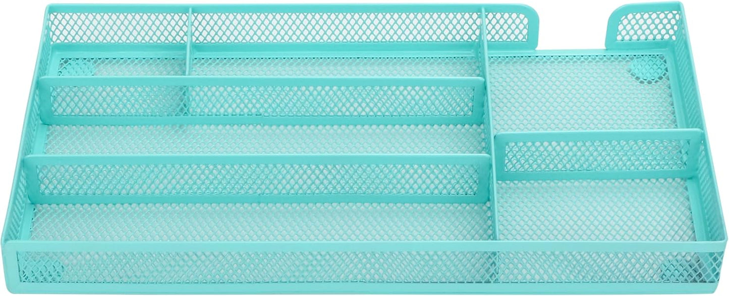Annova Desk Drawer Organizer Tray for Office Organization - Metal Mesh - Storage Tray with Dividers for Pens, Desktop Accessories, Bathroom, Kitchen, Makeup and Office Supplies (Small) (Turquoise)
