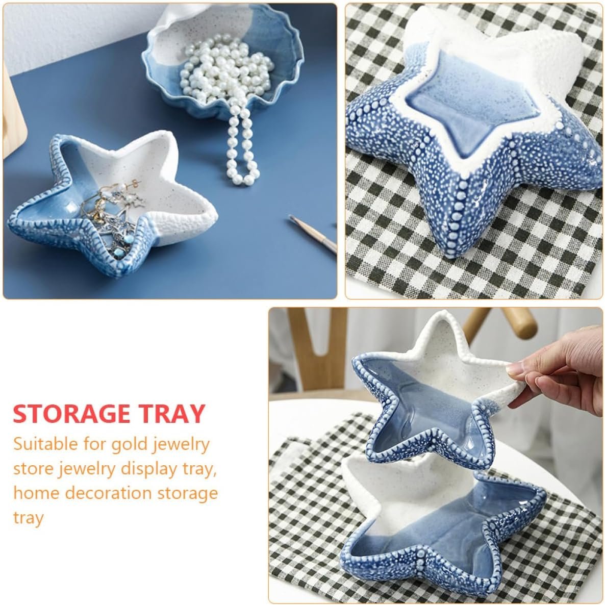DEARMAMY 2 Pcs Starfish Tray Gadgets Home Supplies Home Drawer Jewelry Box Beach Plate Key Starfish Ceramic Blue