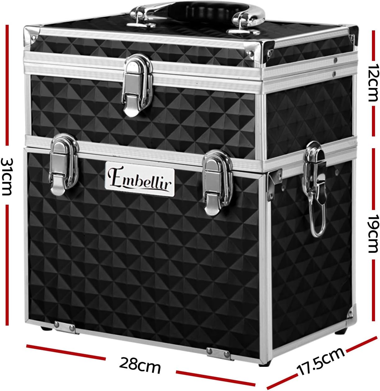 Embellir Makeup Case, Aluminium Beauty Cases Suitcase Make Up Large Organisers Storage Portable Toiletry Cosmetic Box Travel Indoor Outdoor Accessories, with 2 Sliding Trays Level Section Black