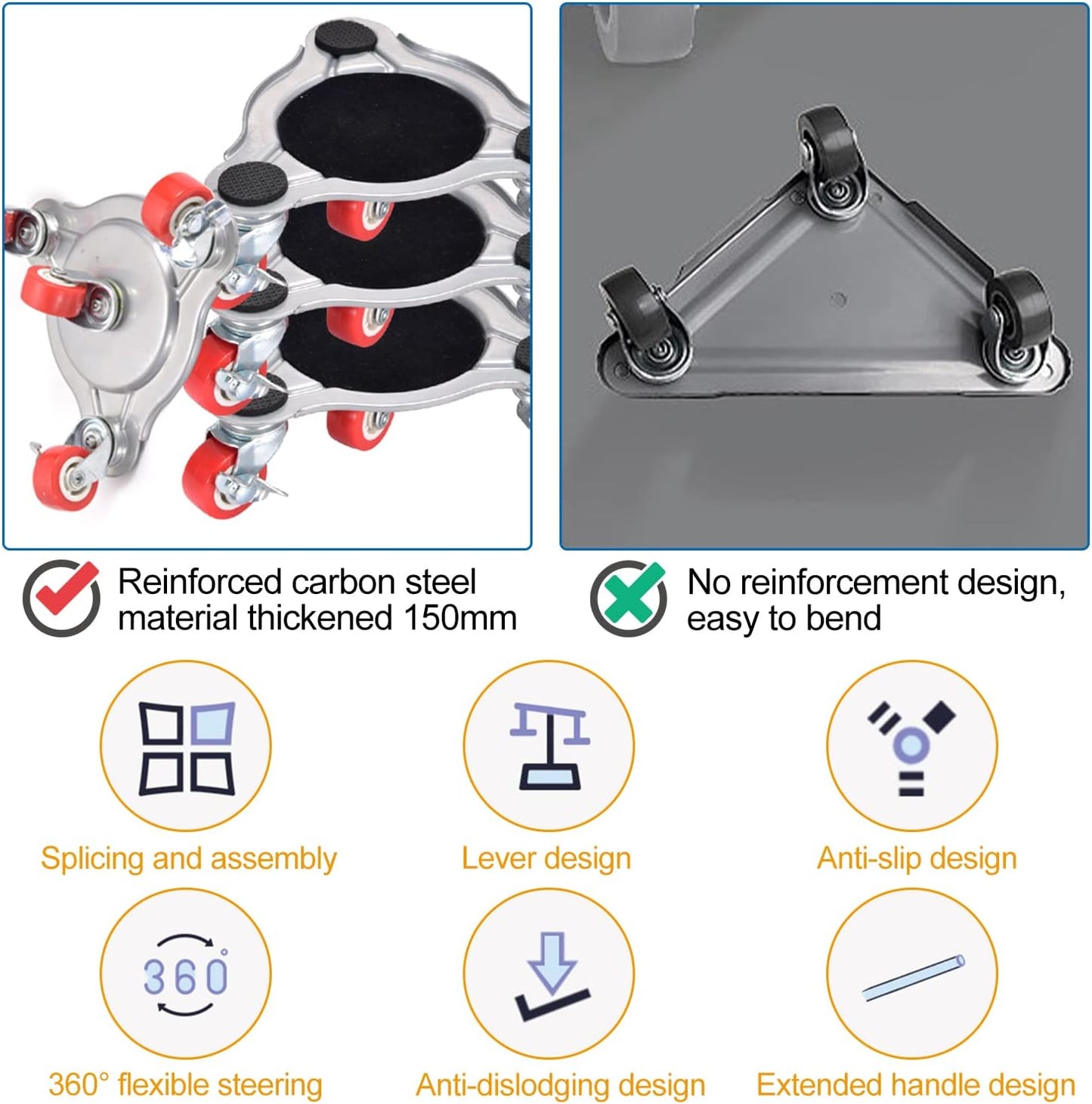 Furniture Transport Wheels Set - Sliding System with Lifter, 4 Pieces and Furniture Lifter Set - 360° Swivel - 400kg Wheels - Durable ABS Wheels