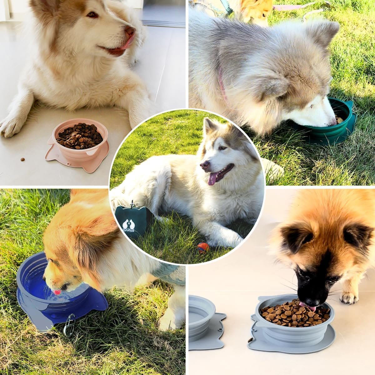 RUNROLE 2-in-1 Collapsible Silicone Dog Travel Bowls, Slot Together and Use Separately, Portable Pet Food Water Bowls, Foldable Cat Feeding Watering Dishes, 20OZ+27OZ(Purple)