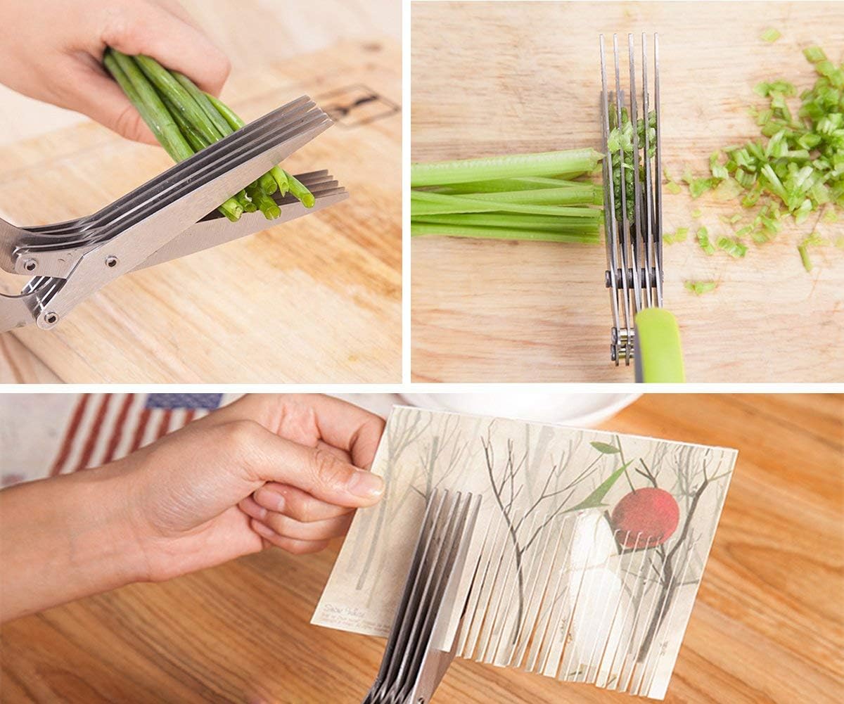 Herb Scissors, Multipurpose Kitchen Shears 5 Stainless Steel Blade with Safety Cover, Cleaning Comb and Herb Stripping Tool (Green)