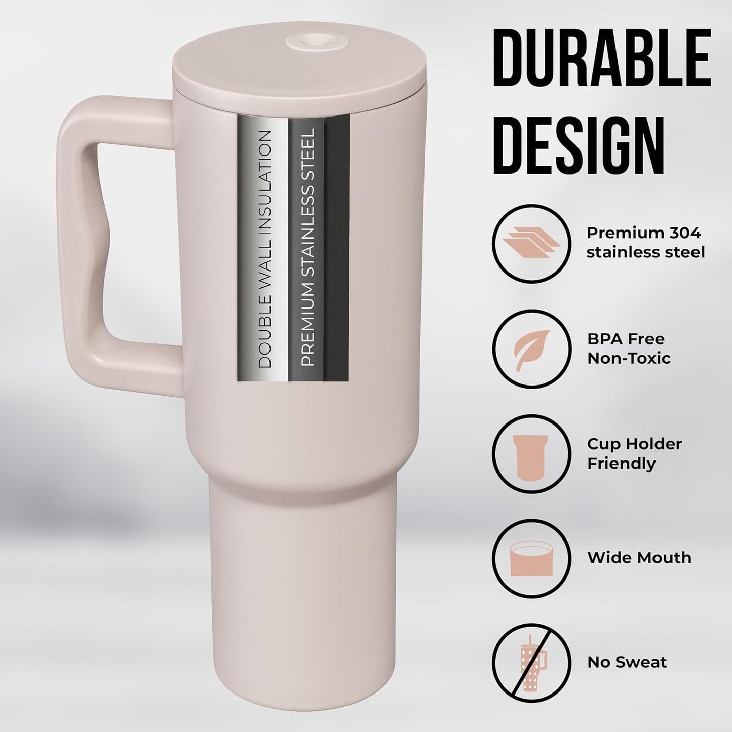 SIPPA Insulated Tumbler with Handle AKA Gobelet Isotherme, Double Wall Vacuum Tumbler with Straw and lid, Reusable Stainless Steel Water Bottle with Handle, Leak Proof Tumbler for Iced Coffee (Cream)