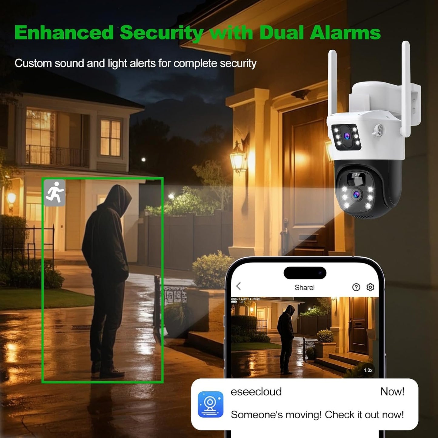 oolong Security Camera Outdoor Wireless with Dual Lens Dual PIR,10400mAh Battery,355°P 90°T, 8W Solar Panel,Solar Home WiFi Surveillance Ring Camera with Color Night Vision,64GB Card Included,IP66