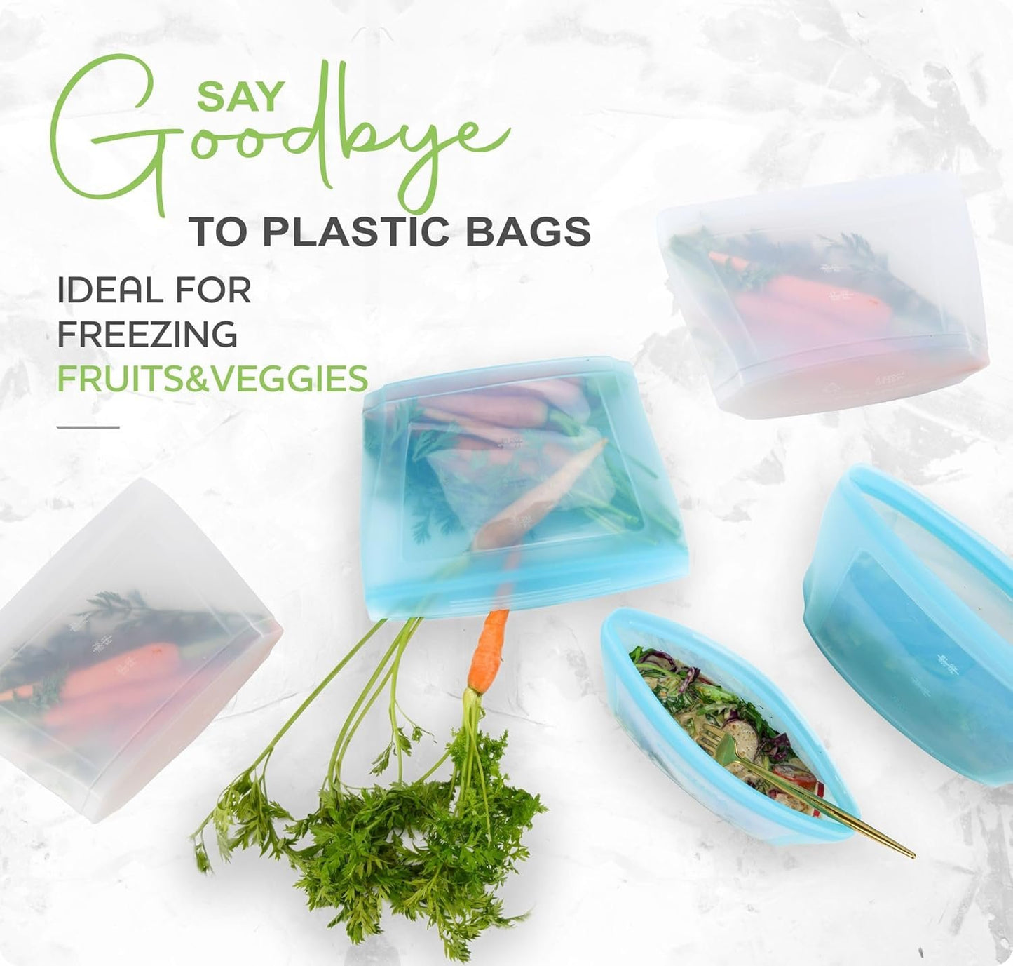 Zip Standing Reusable Silicone Food Storage Bag, Set of 6 White Stand Up Food Storage Container, Reusable Zipper seal bag, no lid required, for Food Storage& Meal Prep, Freezer Oven Dishwasher - Safe