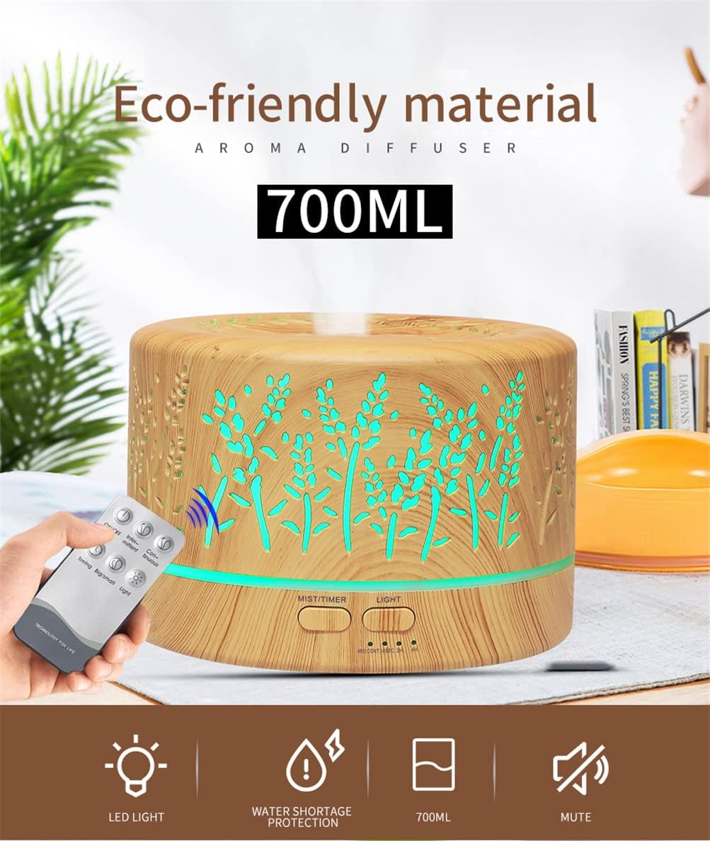 700ml Remote Control Ultrasonic Electric Air Humidifier Aroma Diffuser Essential Oil Cool Mist Maker 7 LED Light Coloful for Office Home Car (A)