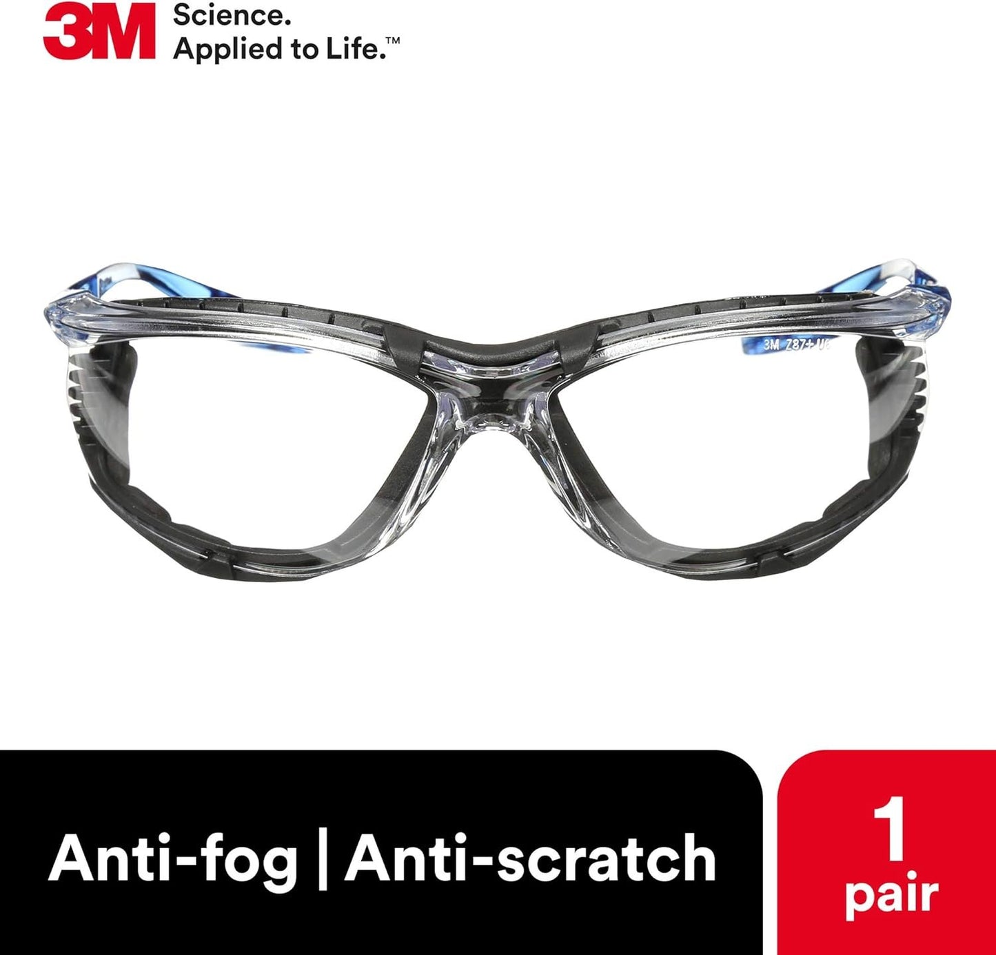 3M Safety Glasses, Virtua CCS Protective Eyewear 11872, Removable Foam Gasket, Clear Anti-Fog Lenses, Corded Ear Plug Control System