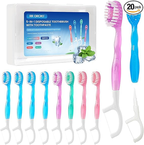 20Pack Mini Disposable Toothbrushes Set 5-in-1 Portable Pre-Pasted Travel Toothbrush with Toothpaste + Tongue Scraper + Floss + Pick Individually Wrapped Small Prepasted Toothbrush for Kids Adults