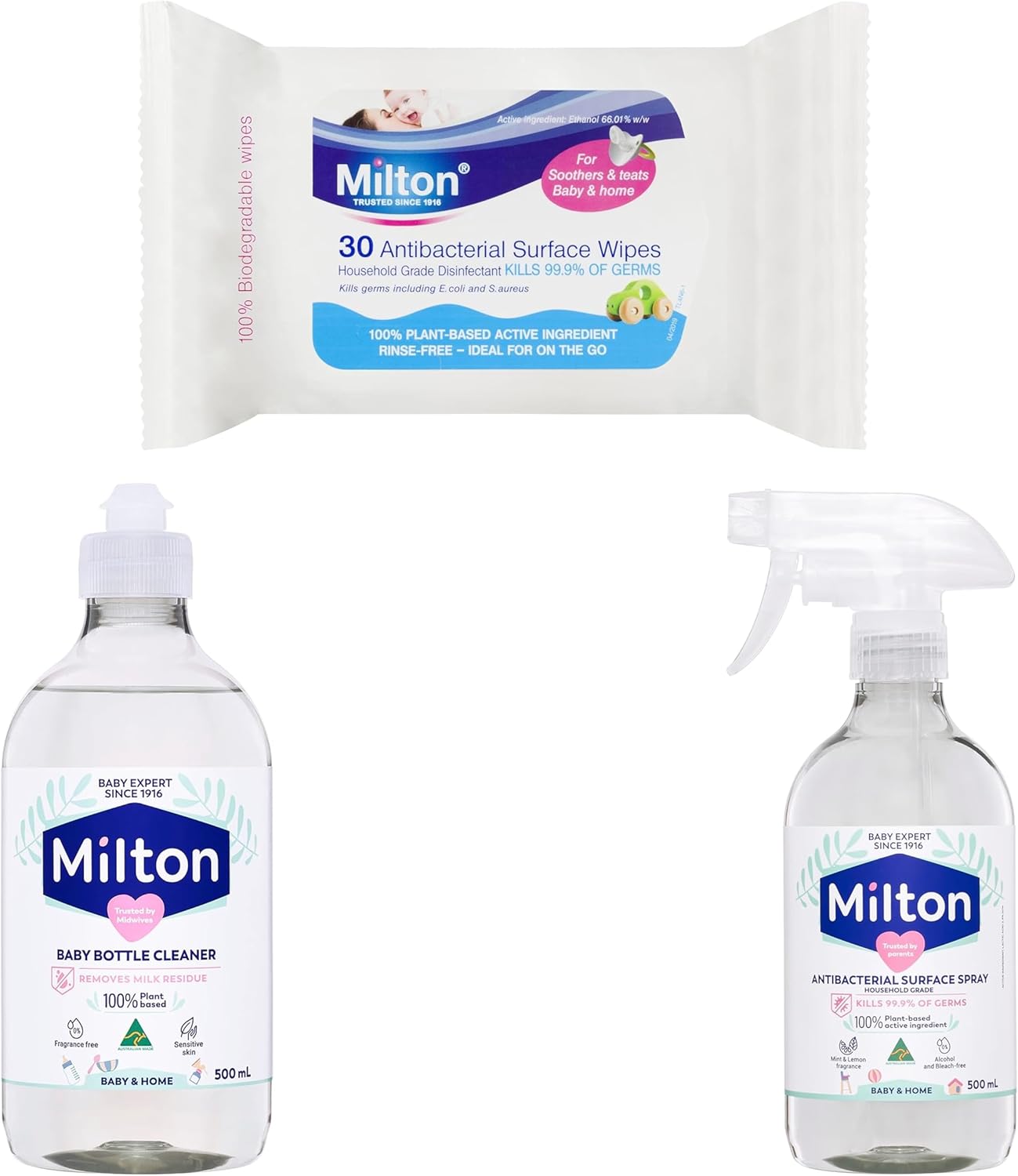 Milton Essentials Value Pack - Bottle Cleaner, Surface Wipes and Antibacterial Spray