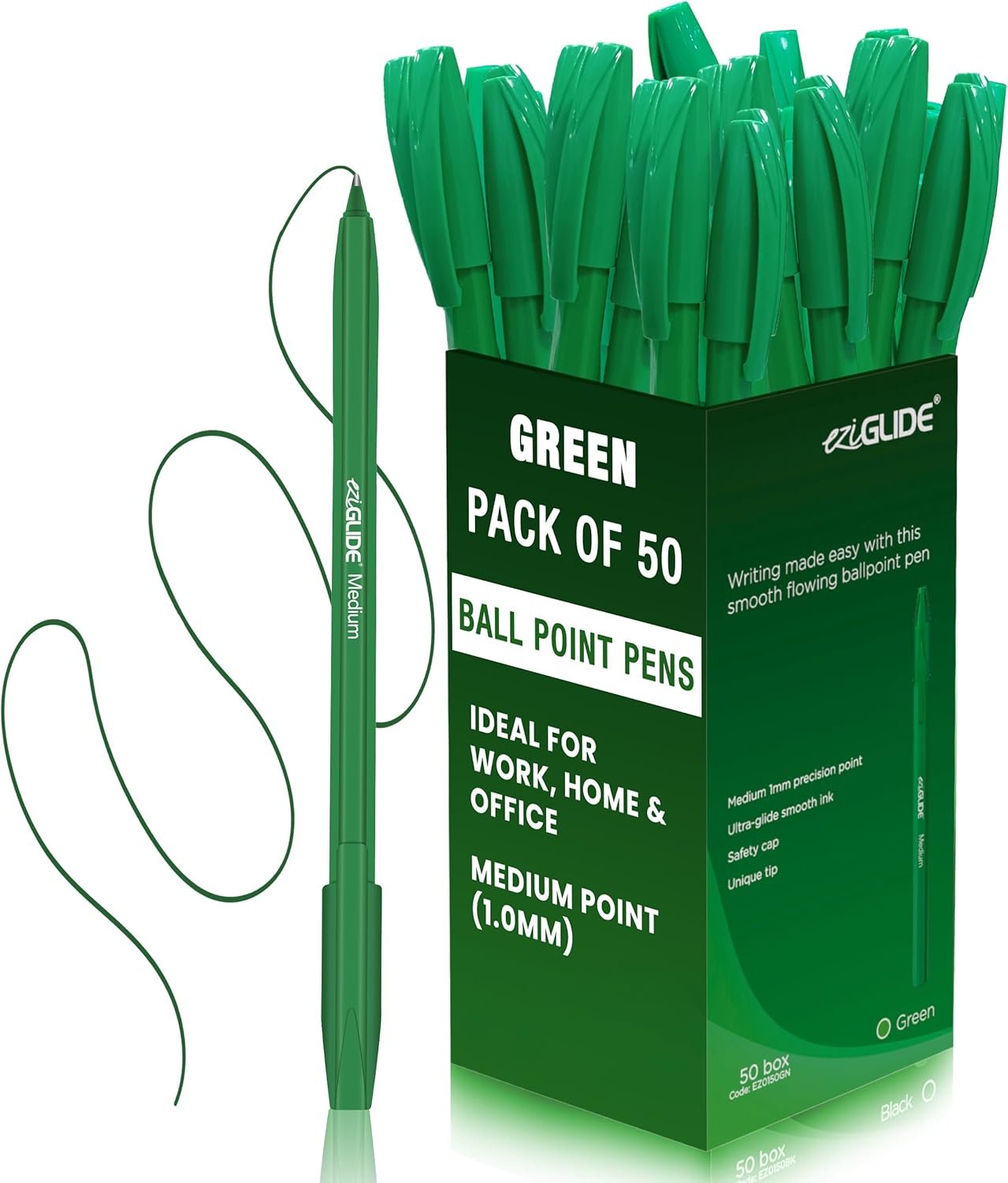 Eziglide Ballpoint Pen Set, 50-Pack Green – Easy Grip & Medium Point (1.0mm) for Ultra-Smooth, Skip-Free Writing & Quick-Dry Ink – Ideal for Office, Work, Exam, School, Home & Stationery Use