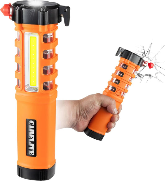 Emergency Car Flashlight with Seatbelt Cutter and Window Breaker, LED Work Light & Flash Beacon, Life-Saving Car Escape Tool for Roadside Safety (Orange)