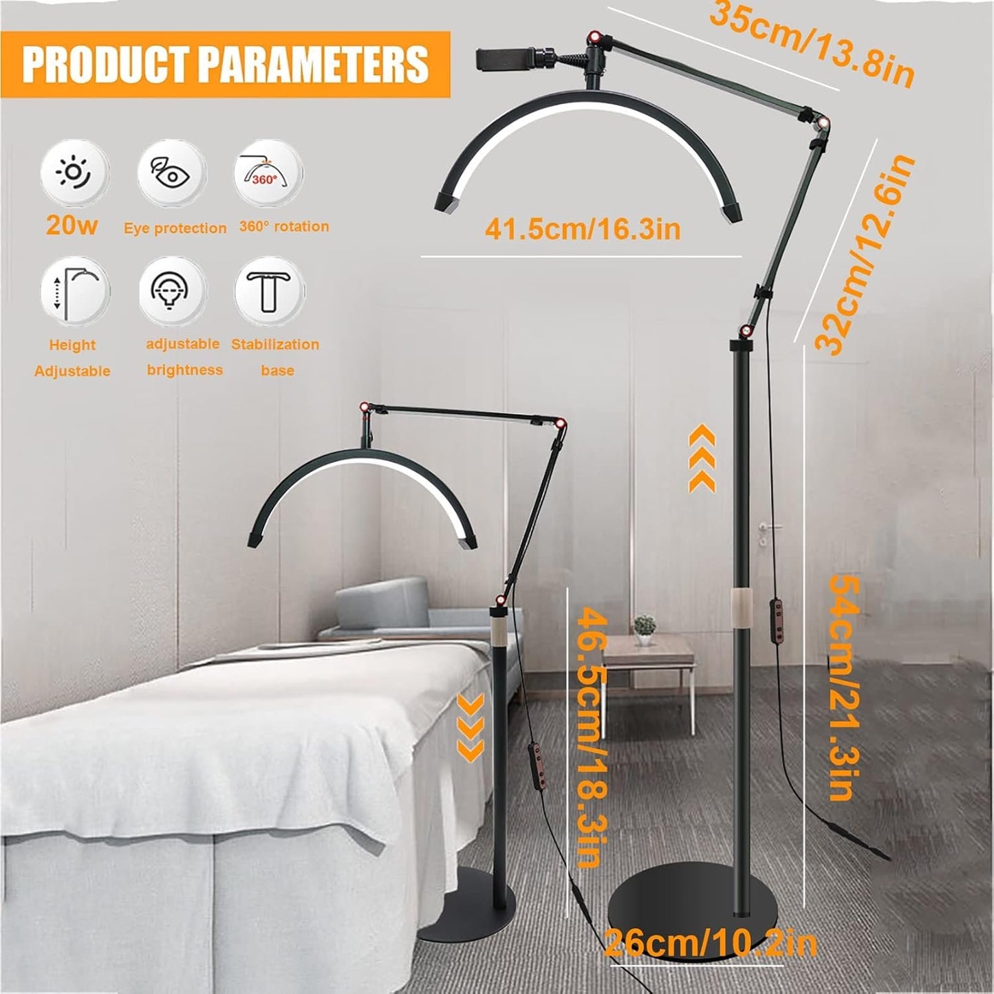 Lash Light, Half Moon Lamp with 3 Color Temperature, Tattoo Light with Phone Holder, LED Floor Lamp for Eyelash Extensions, Beauty, Skincare, Eyebrows, Filming Content Creation,White
