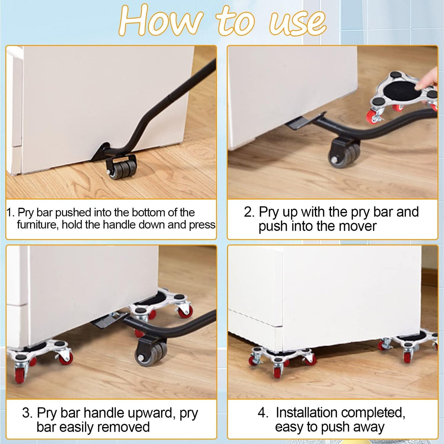 Furniture Transport Wheels Set - Sliding System with Lifter, 4 Pieces and Furniture Lifter Set - 360° Swivel - 400kg Wheels - Durable ABS Wheels
