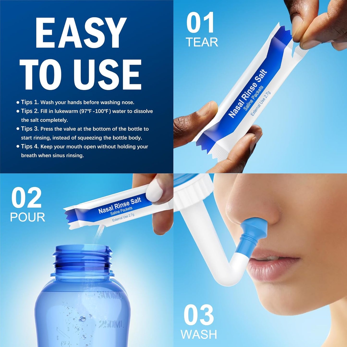 MAOEVER Neti Pot Sinus Rinse Bottle Nose Wash Cleaner Pressure Rinse Nasal Irrigation for Adult & Kid BPA Free 300 ML with 30 Nasal Wash Salt Packets and Sticker Thermometer(Blue)