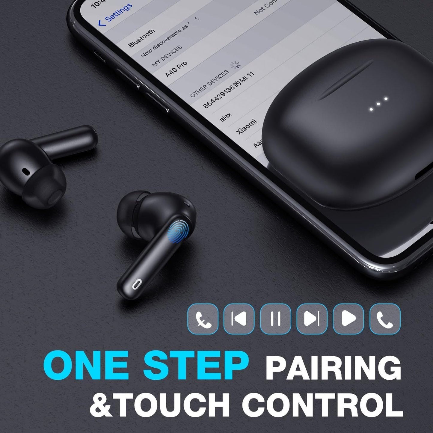 HKERR Bluetooth Headphones True Wireless Earbuds with Charging Case 50H Playback LED Power Display Earphones IPX7 Waterproof in-Ear Headphones with Mic for Laptop Pad Phones Sports Workout