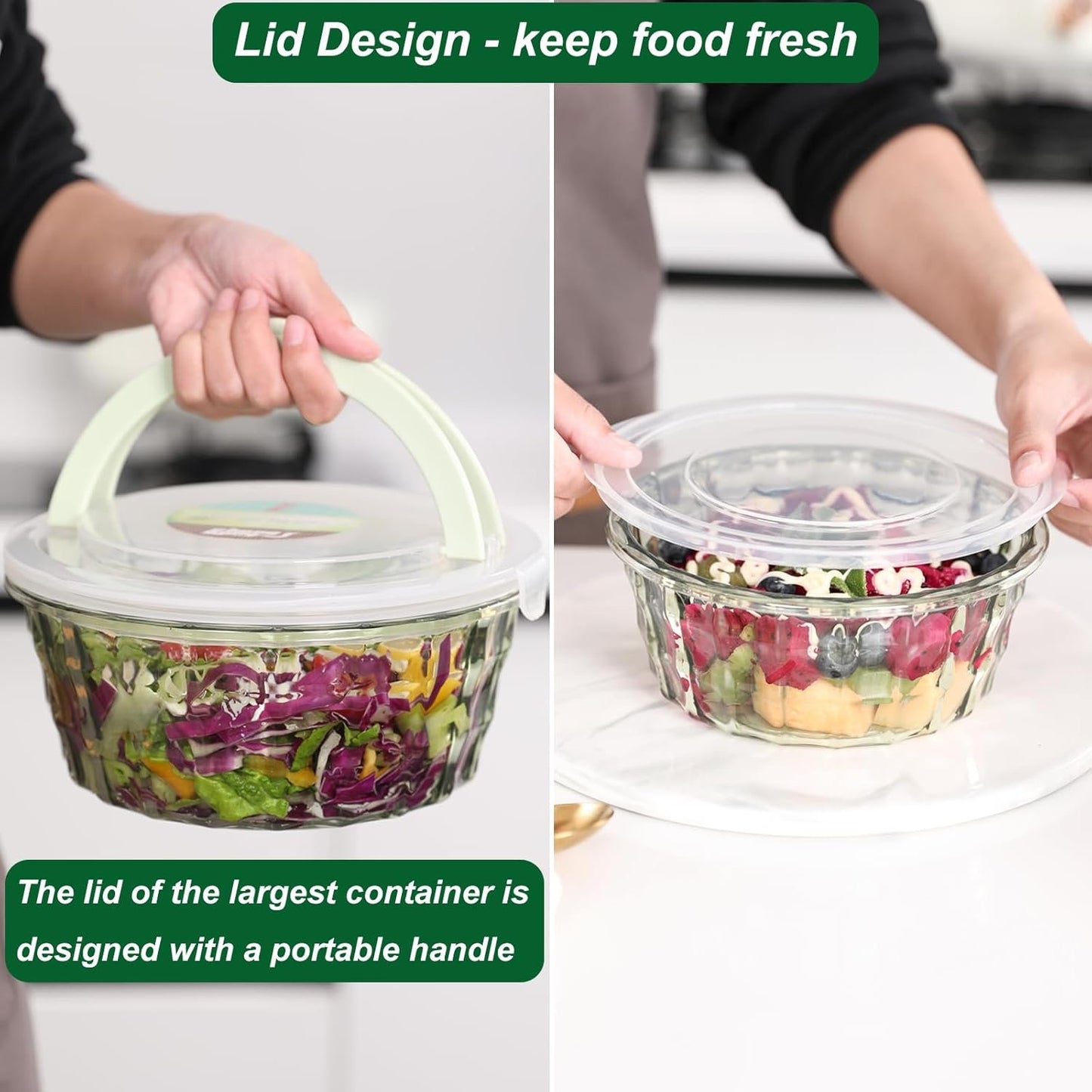Taiuloo Set of 3 Salad Bowls With Lids & Handles, Food Storage Containers for Meal Prep and Lunch, BPA Free Plastic Serving Bowl Set, Pink