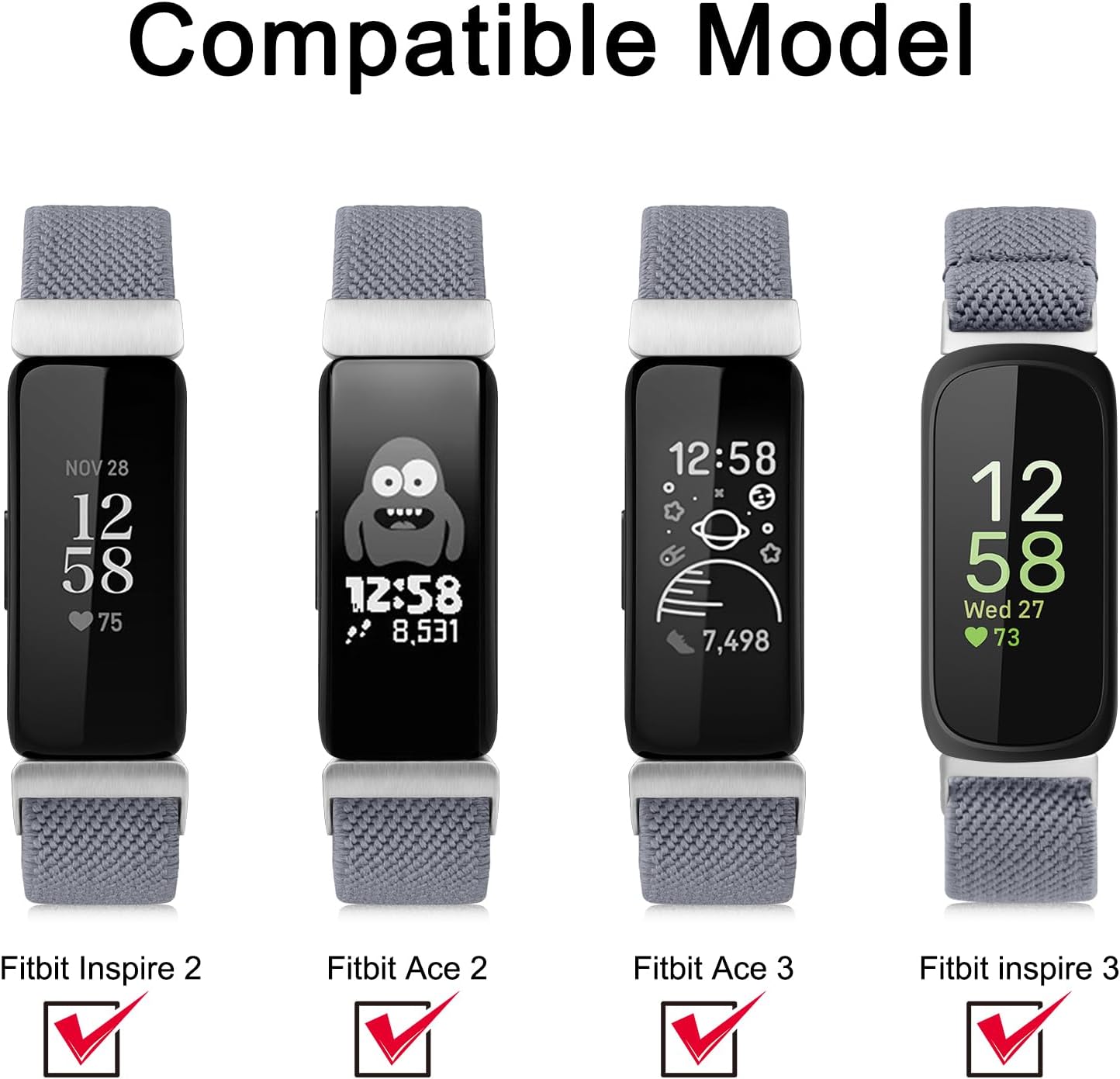3-Pack Elastic Bands for Fitbit Inspire 3 / Inspire 2 / Inspire/Inspire HR Bands Women Men, Soft Loop Stretchy Straps Replacement Wristband for Fitbit Inspire Fitness Tracker