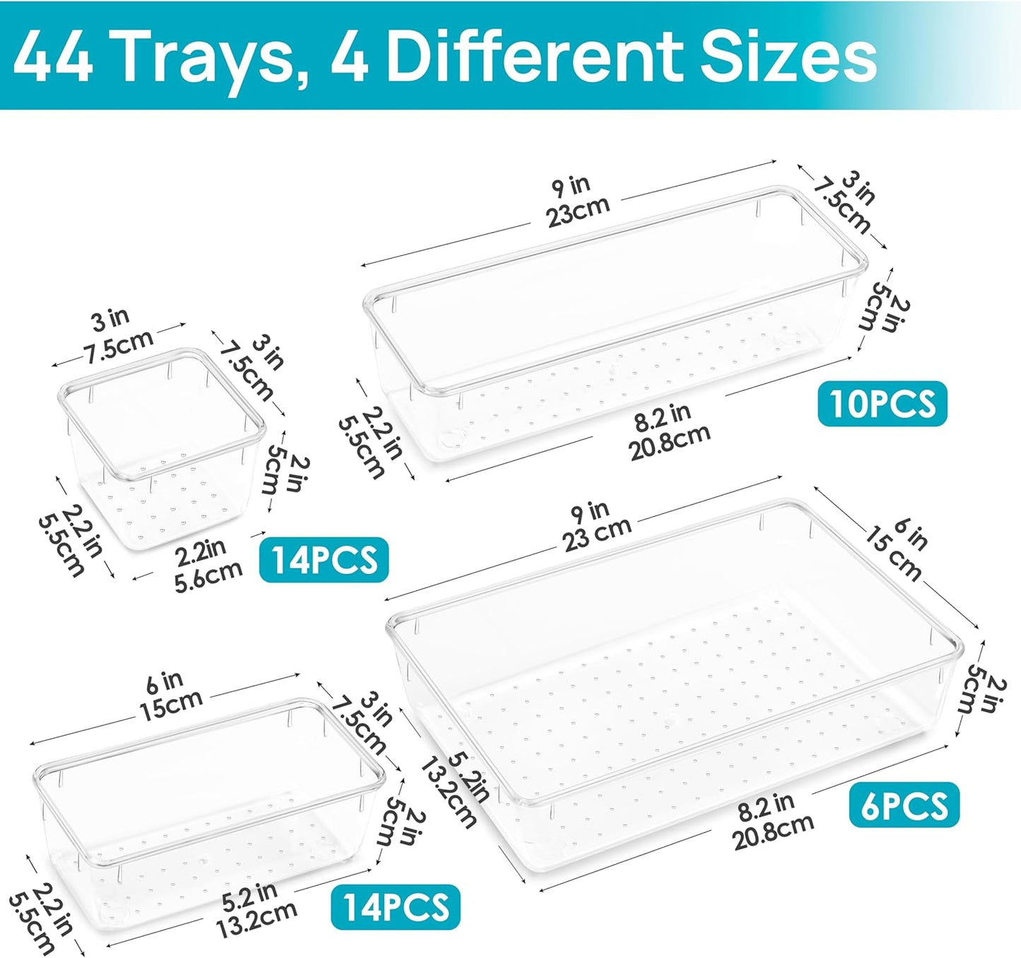 Vtopmart 44 PCS Clear Plastic Drawer Organizers Set, 4-Size Versatile Bathroom and Vanity Organizer Trays, Non-Slip Storage Containers for Makeup, Jewelries, Bedroom,Kitchen Utensils and Office